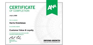 Harris Kreichman - ANA Customer Value & Loyalty Certificate of Completion